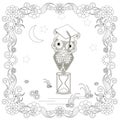 Owl in flowers frame, moon, star. Cartoons bird monochrome art design element